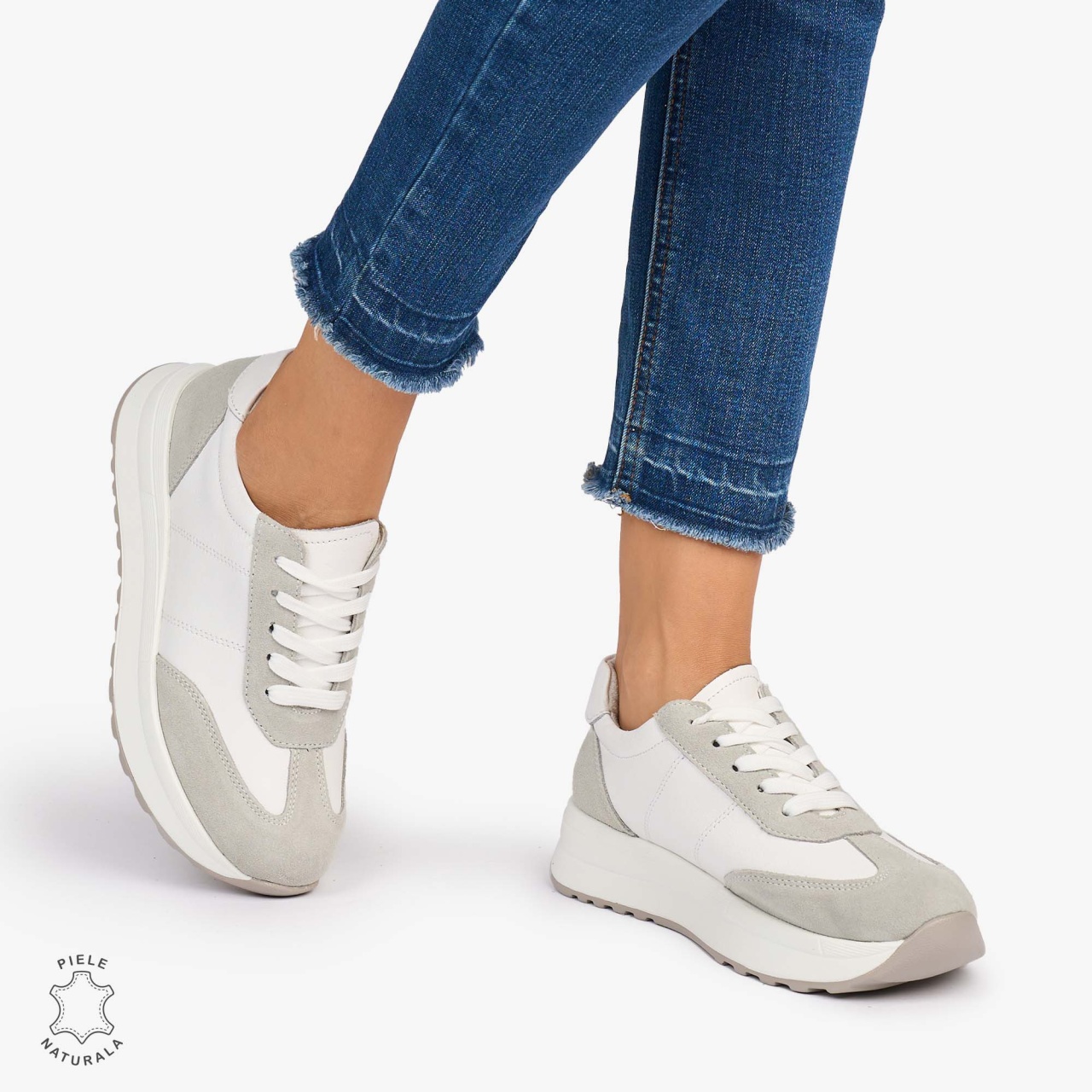 Pantofi Casual dama din Piele Naturala Combinata cu Piele intoarsa CRL1071 CULOARE: ALB