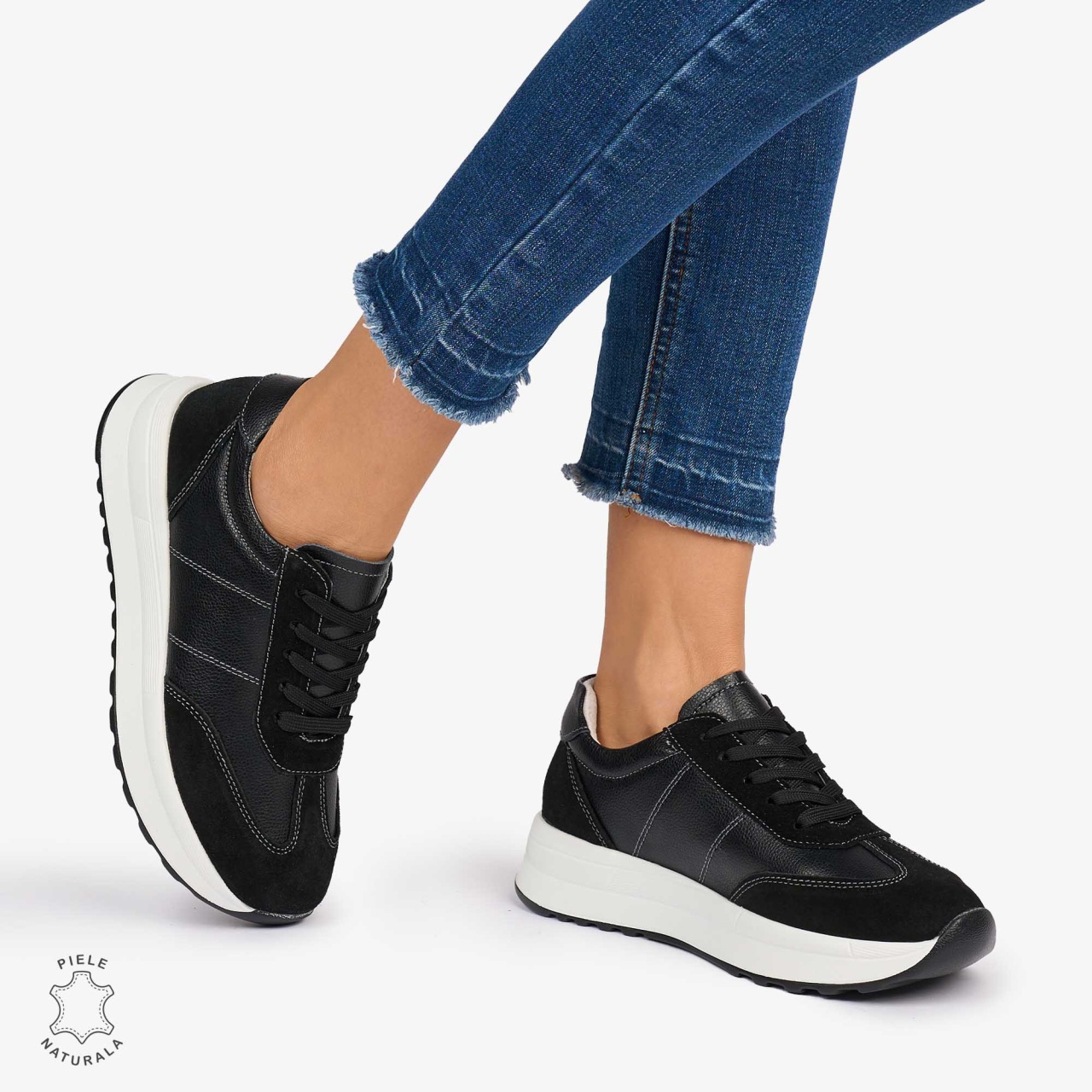 Pantofi Casual dama din Piele Naturala Combinata cu Piele intoarsa CRL1071 CULOARE: NEGRU