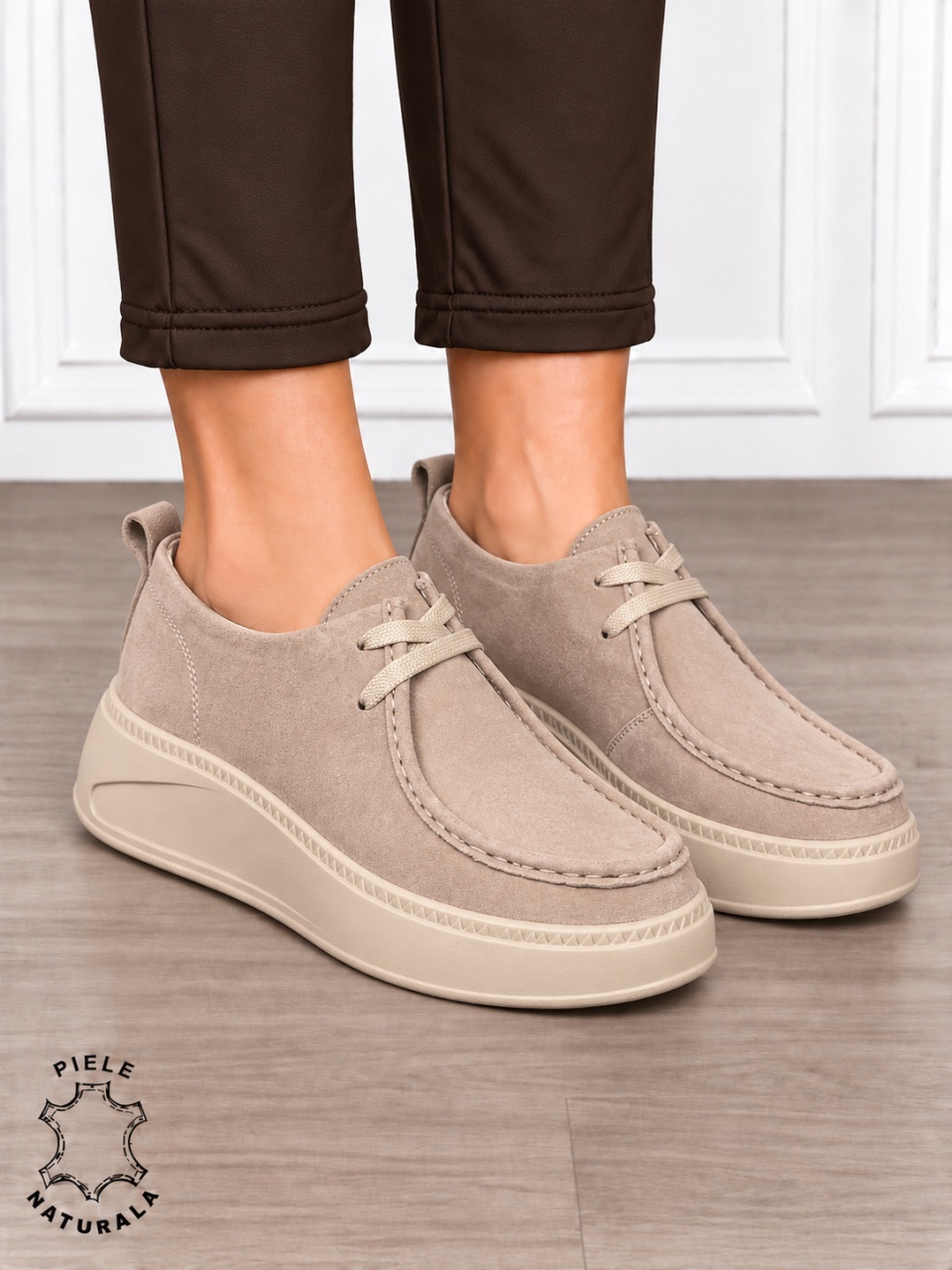 Pantofi casual damă din piele naturală întoarsă cu talpa confortabilă CRL1917 BEJ