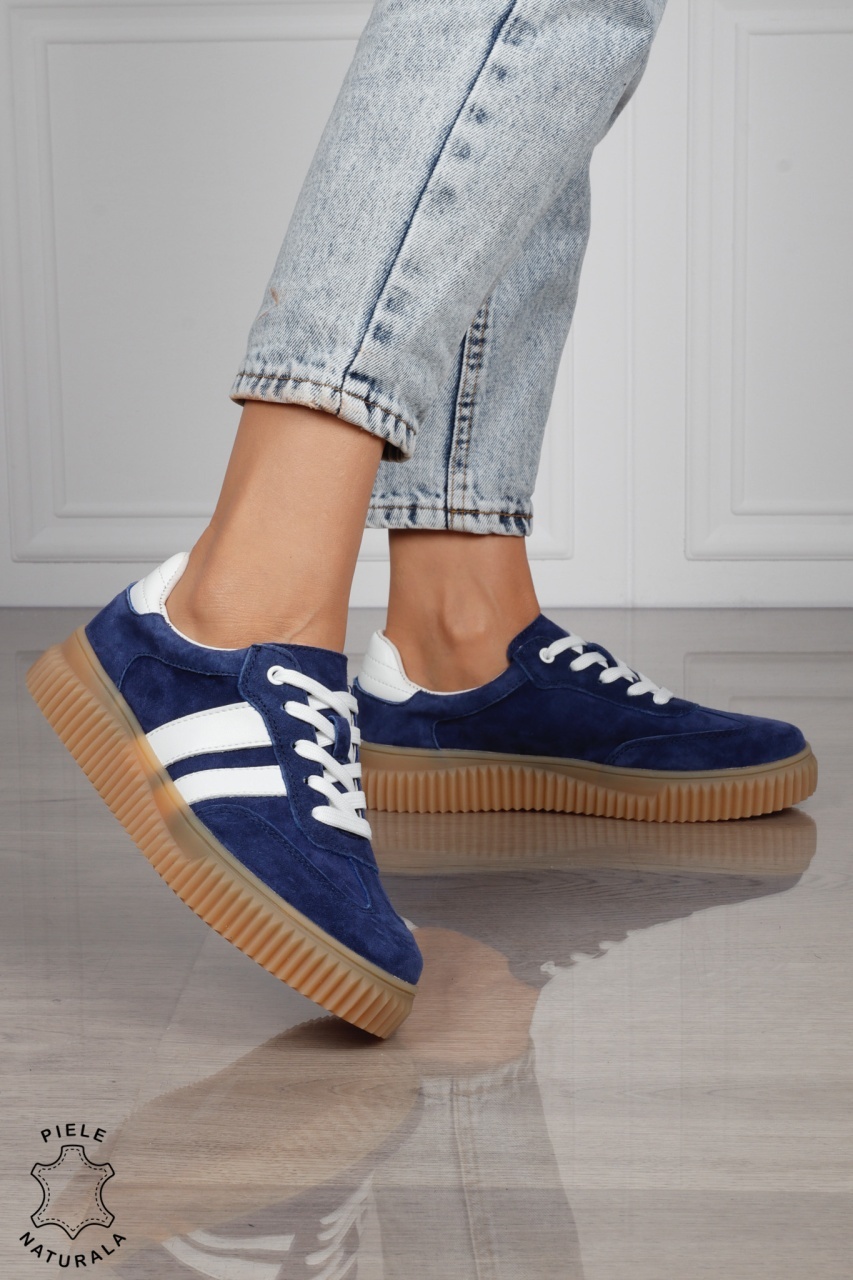 Pantofi Casual DAMA din Piele Naturala intoarsa, Model Retro CRL1531ROYALBLUE