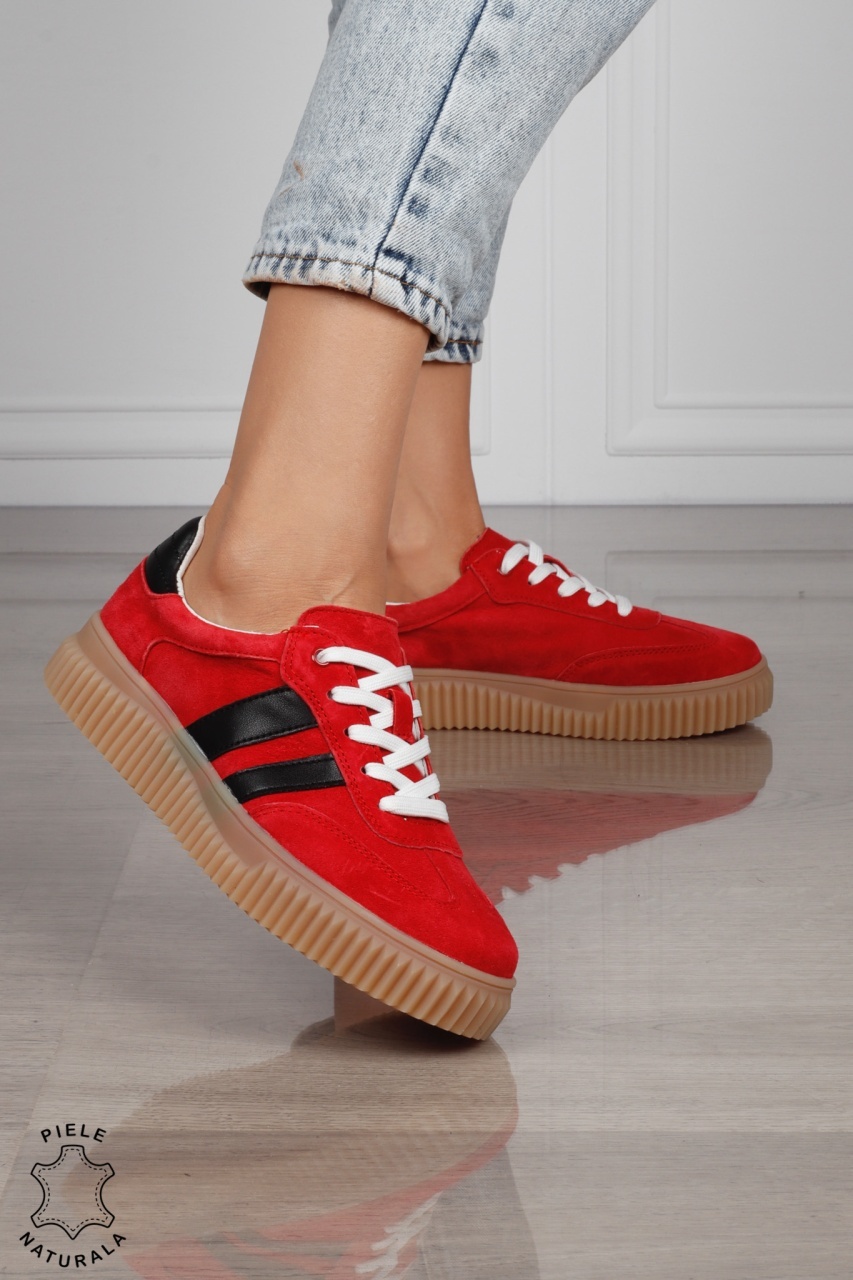 Pantofi Casual DAMA din Piele Naturala intoarsa, Model Retro CRL1531ROSU