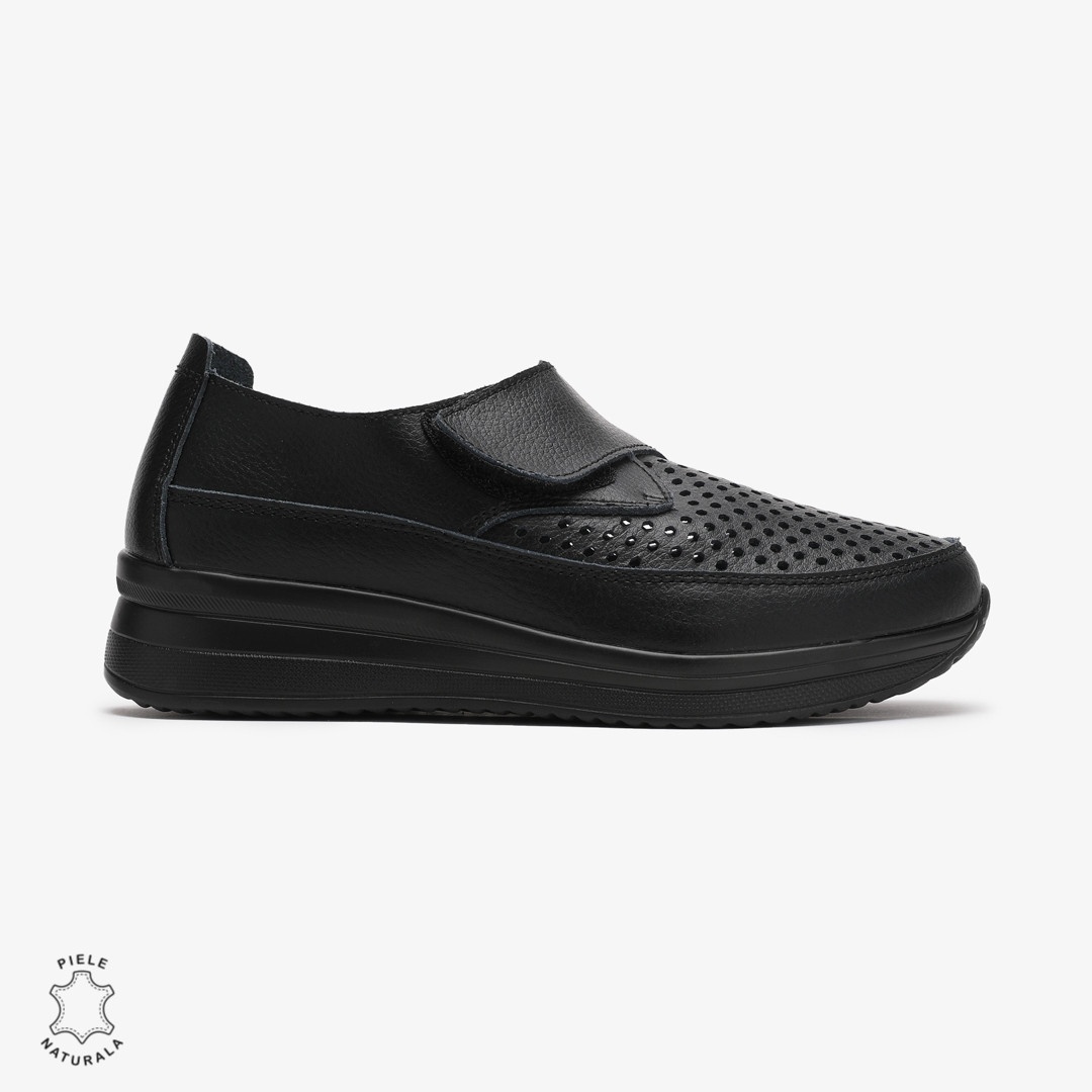 Pantofi casual dama din Piele Naturala Perforati CRL0713 NEGRU