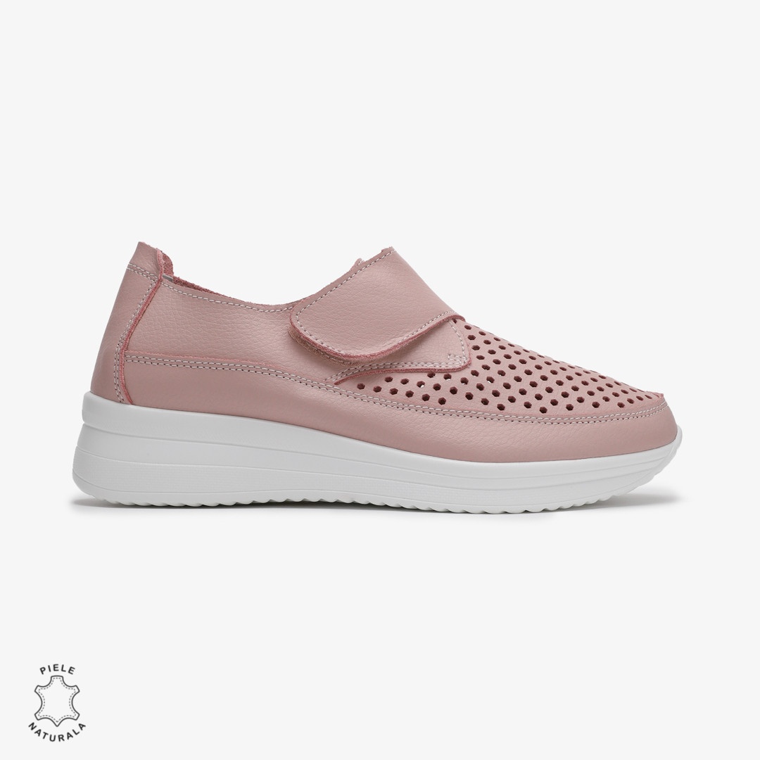 Pantofi casual dama din Piele Naturala Perforati CRL0713 ROZ