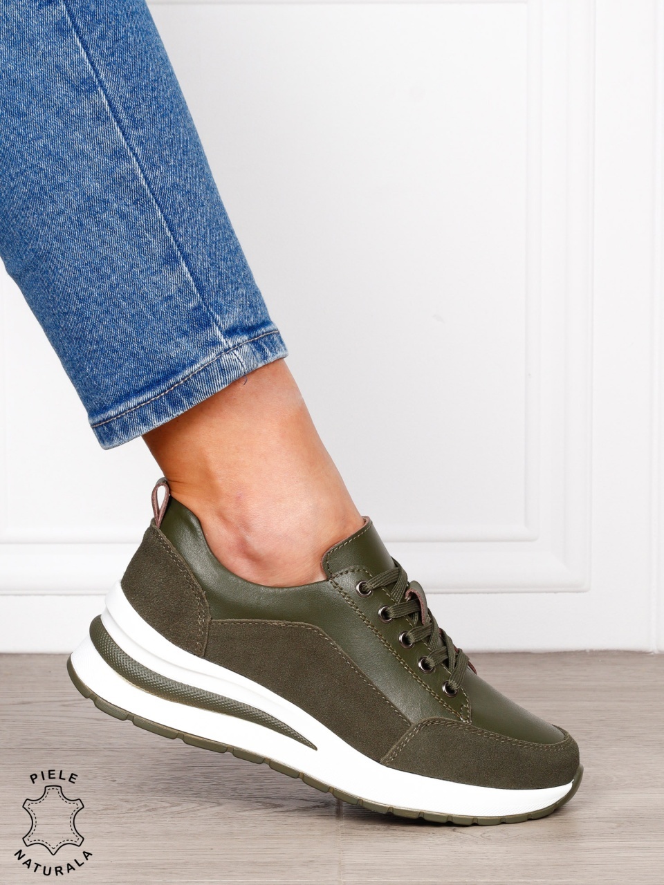 PANTOFI CASUAL Dama Piele Naturala cu siret CRL1593 VERDE INCHIS