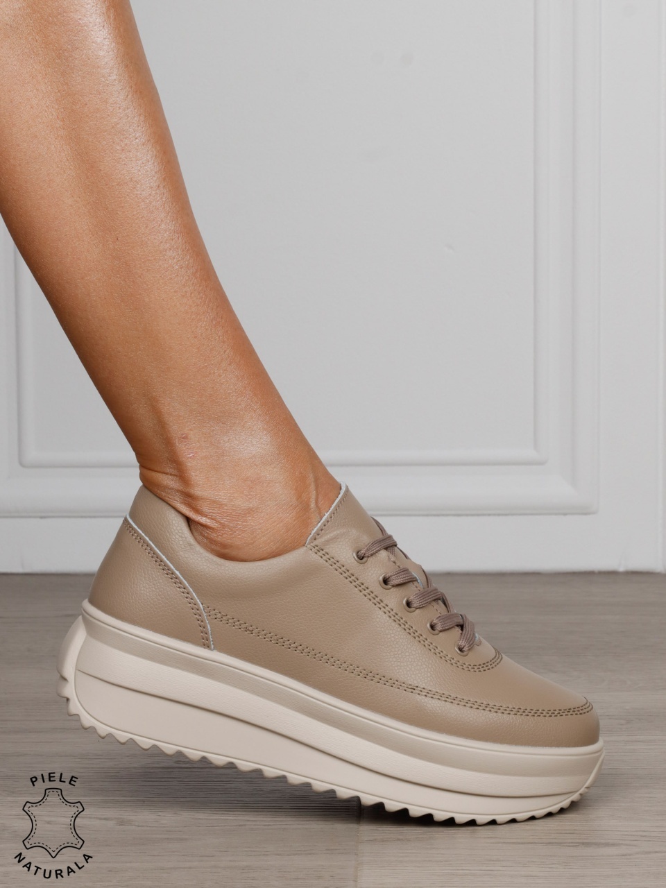 Pantofi Casual de dama din Piele Naturala cu talpa Inalta CRL1201 KHAKI