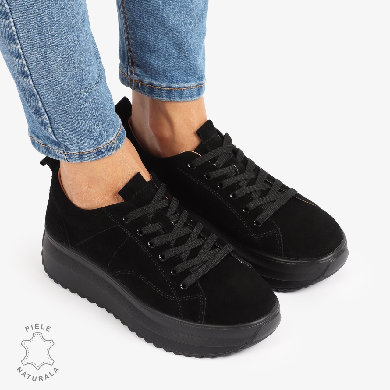 Pantofi Casual de dama din Piele Naturala INTOARSA CU CUSATURI DECORATIVE CRL1220 NEGRU