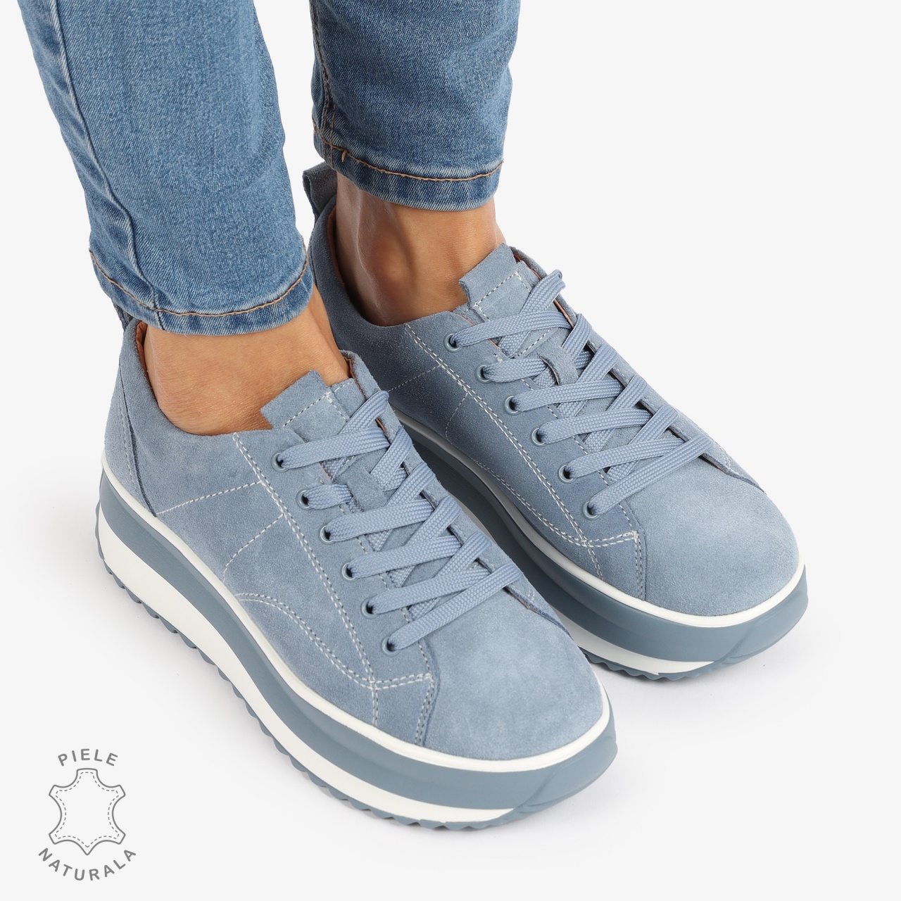 Pantofi Casual de dama din Piele Naturala INTOARSA CU CUSATURI DECORATIVE CRL1220 ALBASTRU