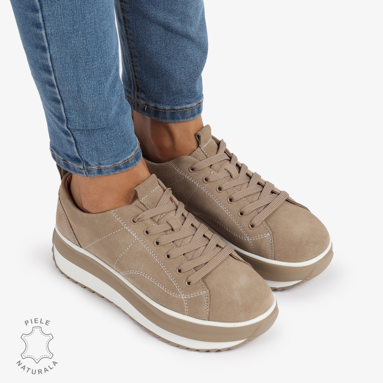 Pantofi Casual de dama din Piele Naturala INTOARSA CU CUSATURI DECORATIVE CRL1220 KHAKI