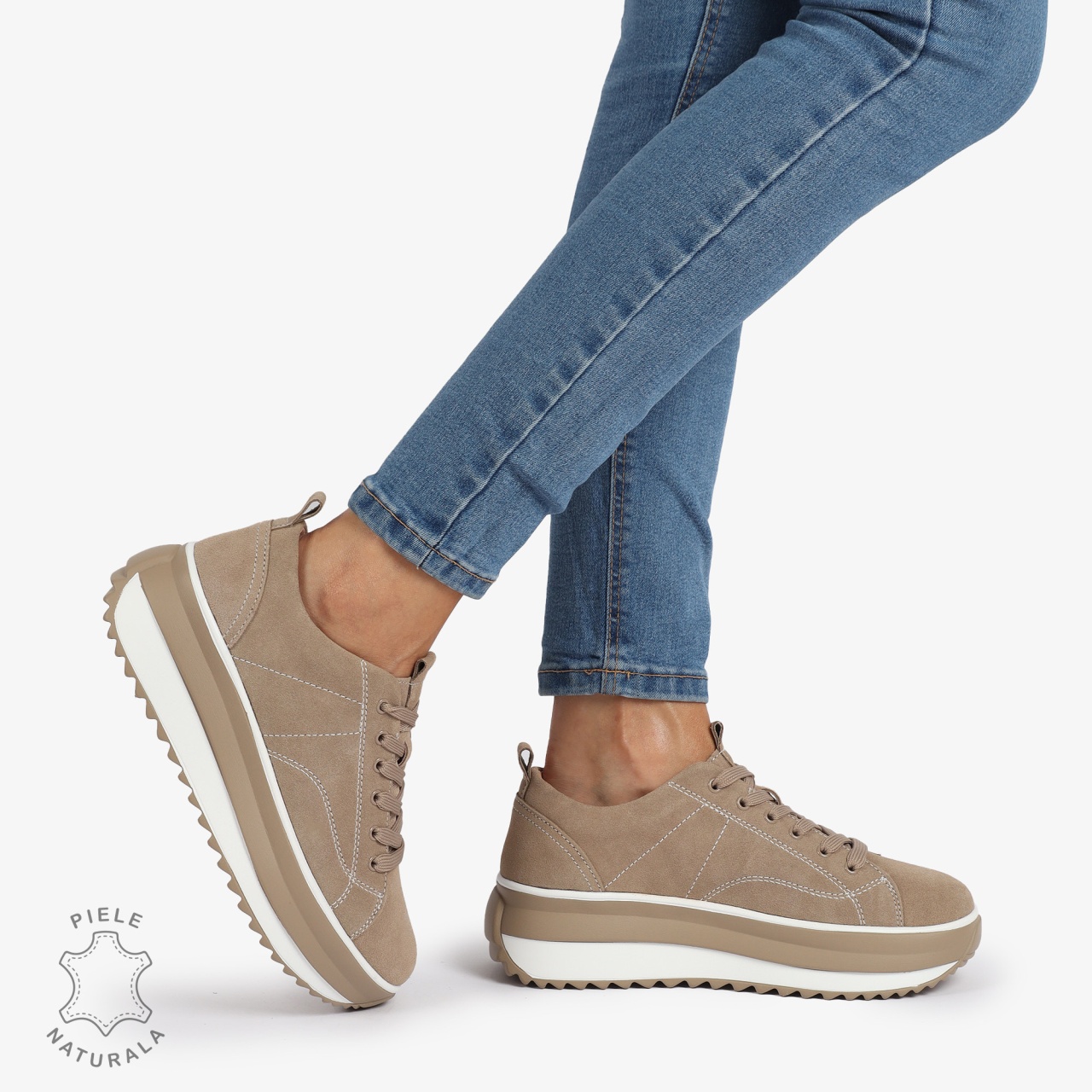 Pantofi Casual de dama din Piele Naturala INTOARSA CU CUSATURI DECORATIVE CRL1220 KHAKI