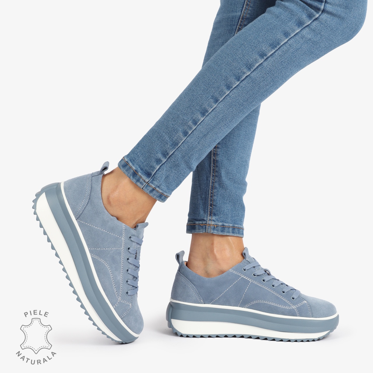 Pantofi Casual de dama din Piele Naturala INTOARSA CU CUSATURI DECORATIVE CRL1220 ALBASTRU