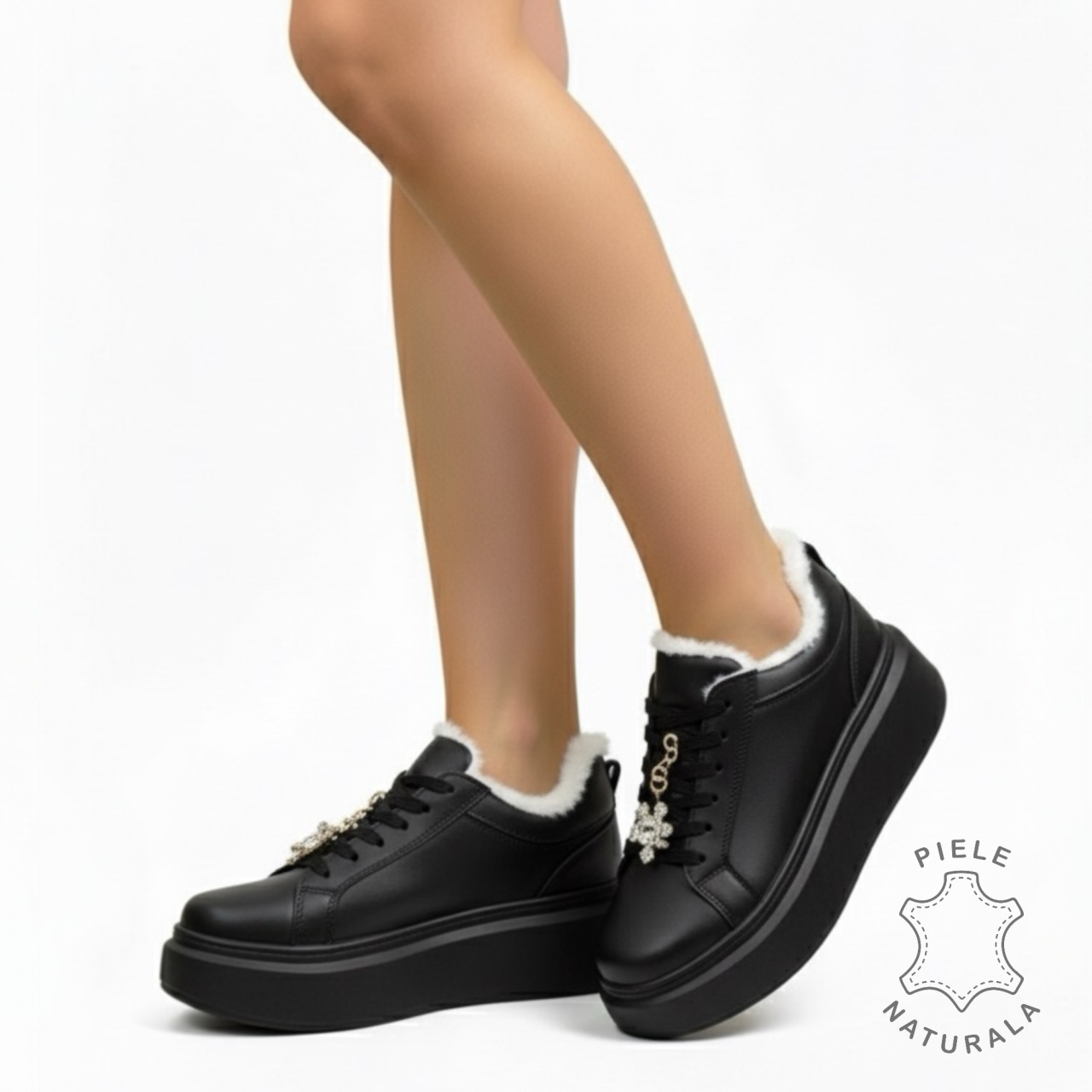 Pantofi casual îmblănite din piele naturală cu talpa înaltă si detaliu decorativ pe șiret CRL1537