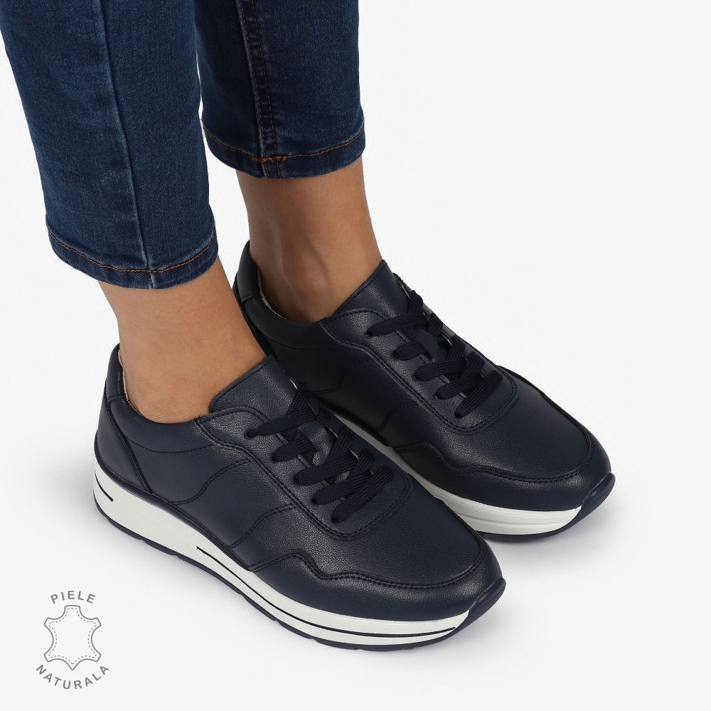 PANTOFI CASUAL Piele Naturala CU INCHIDERE SIRET SI MODEL PE TALPA CRL1303 BLEUMARIN