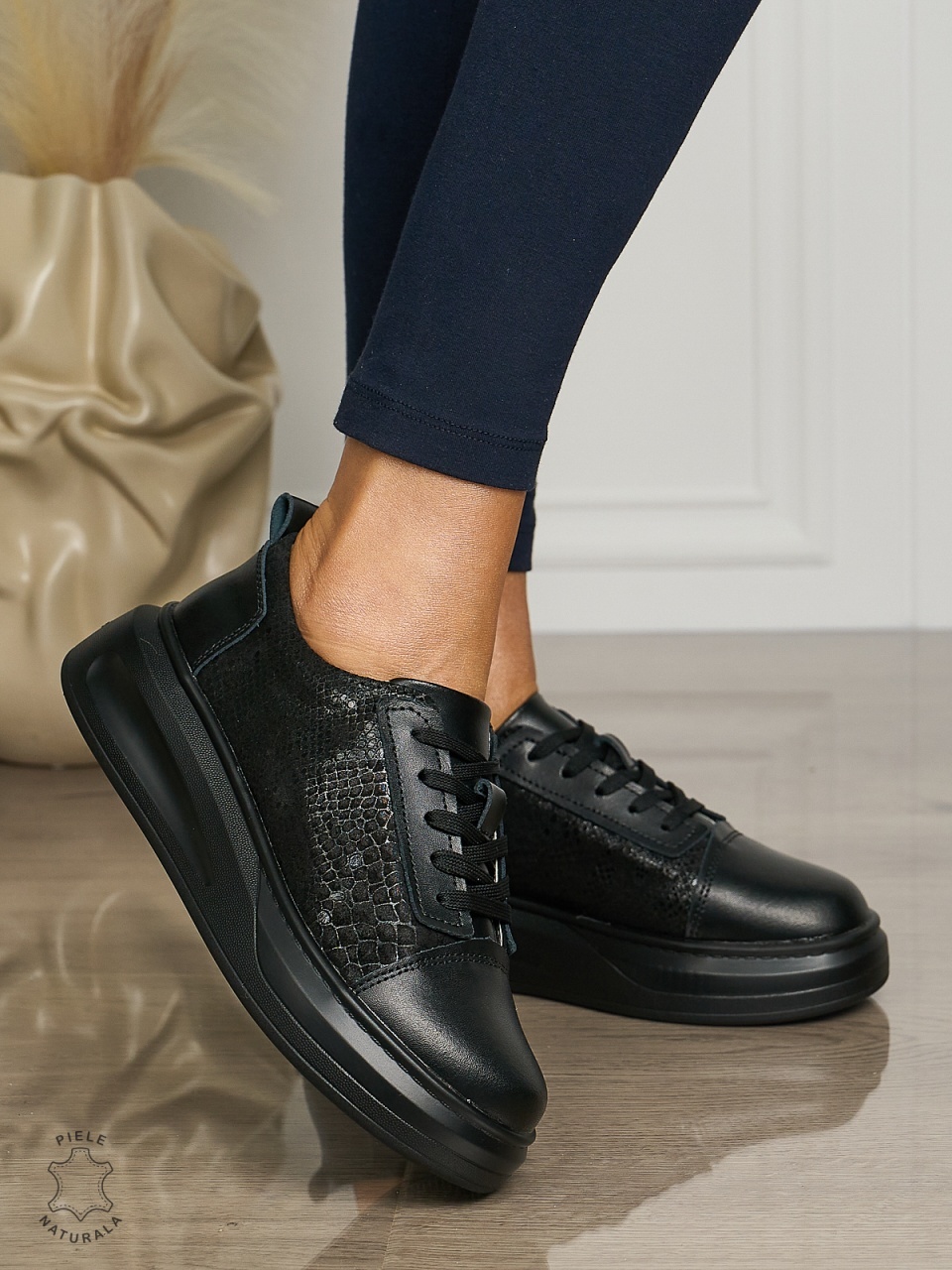 Pantofi casual piele naturala CU TALPA GROASA CRL1509 NEGRU