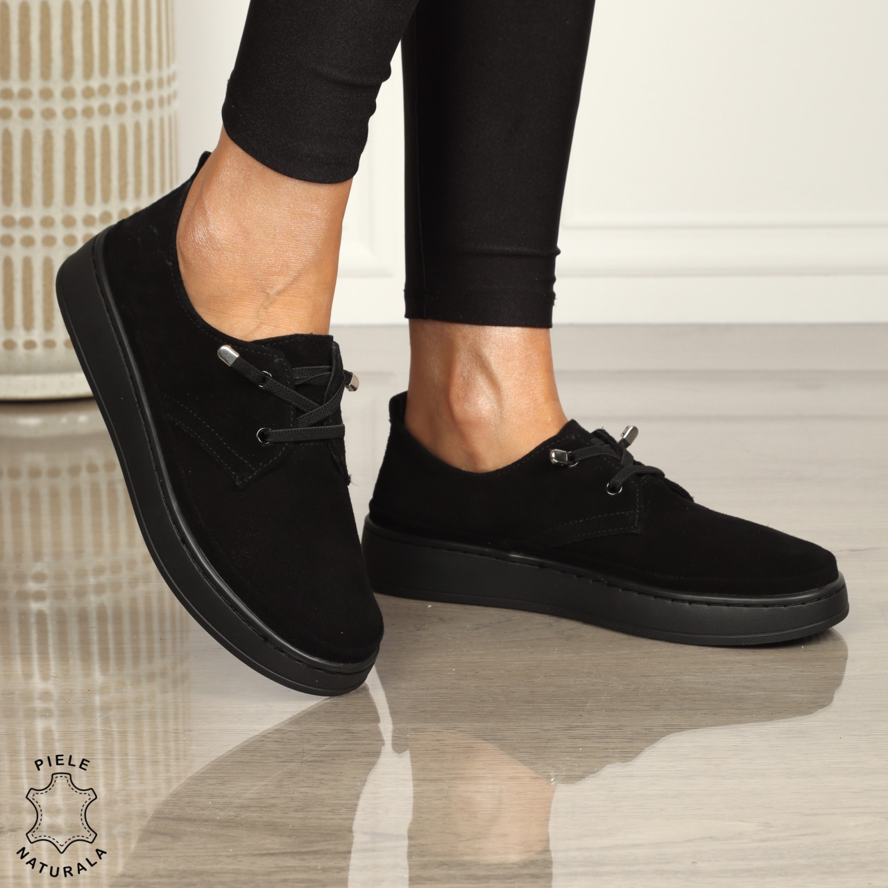 PANTOFI CASUAL Piele Naturala INTOARSA CU SIRET CRL1442 NEGRU