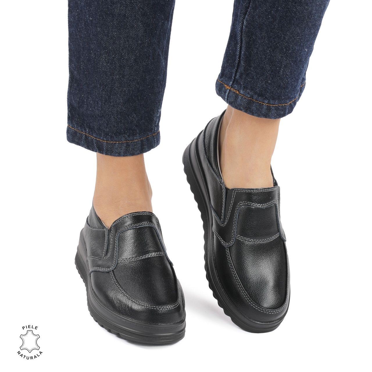 Pantofi dama casual piele naturala, Slip-On CRL878 NEGRU