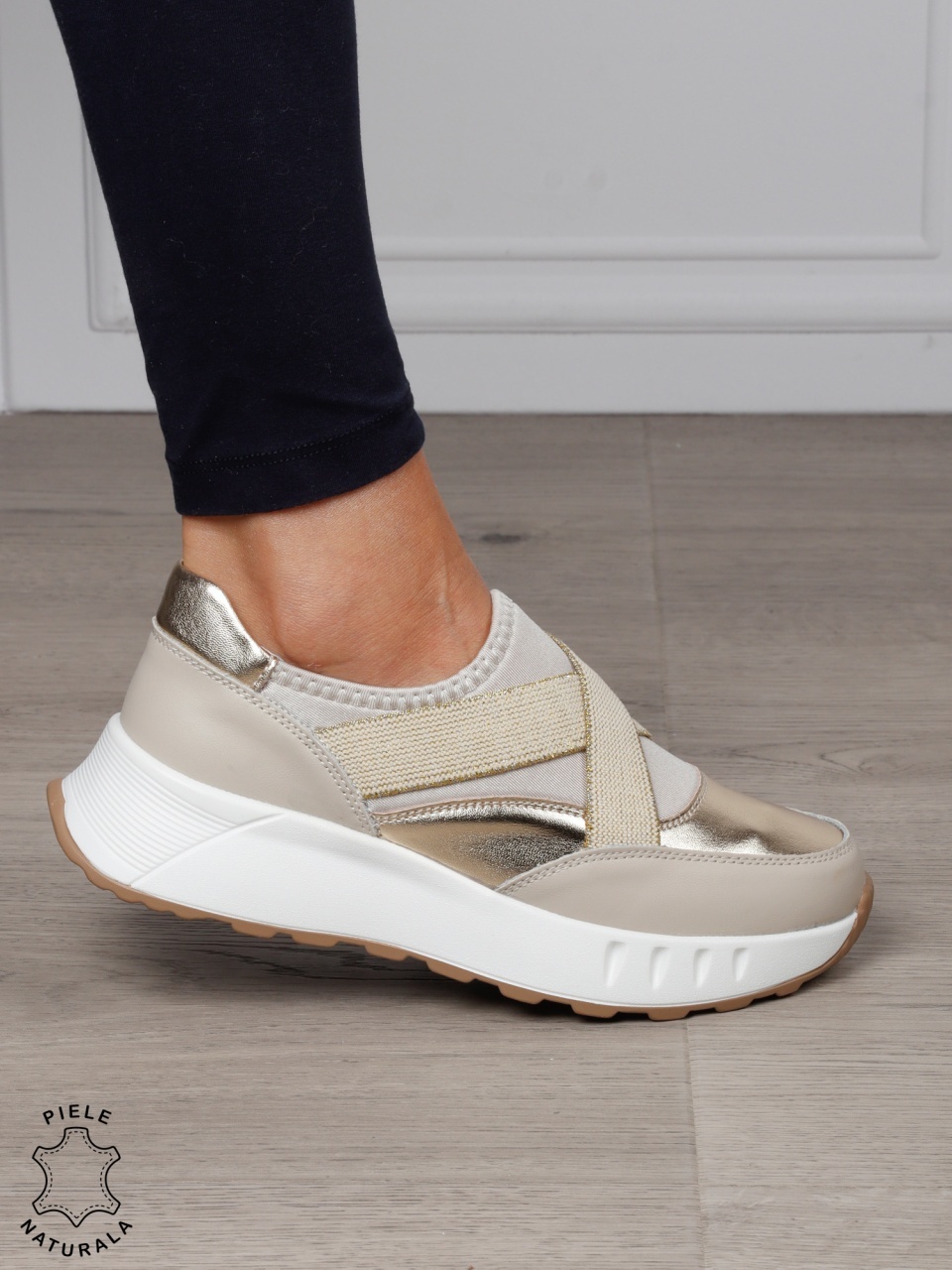 Pantofi dama din Piele Naturala slip-on cu elastic CRL1545 AURIU