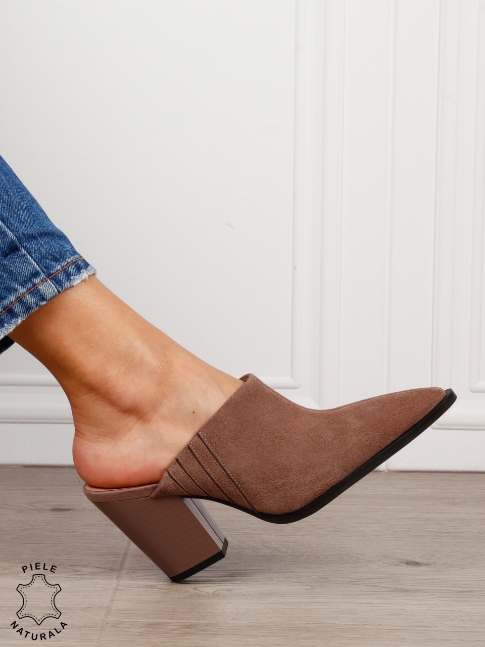 Pantofi dama eleganti cu toc gros si varf ascutit din piele naturala intoarsa CRL1609 KHAKI