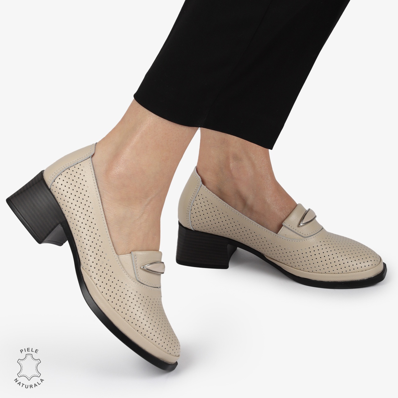 PANTOFI ELEGANTI DIN PIELE NATURALA CU TOC MIC CRL01383 BEJ