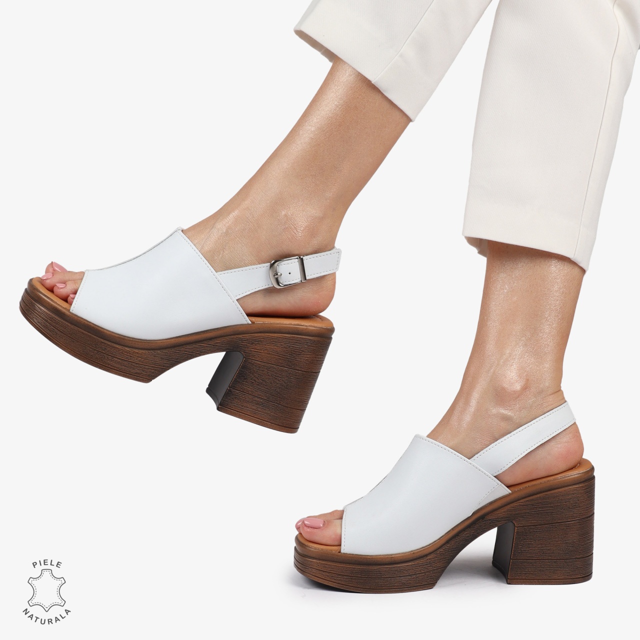 Sandale DAMA DIN PIELE NATURALA CU TOC GROS CRL1409 ALB