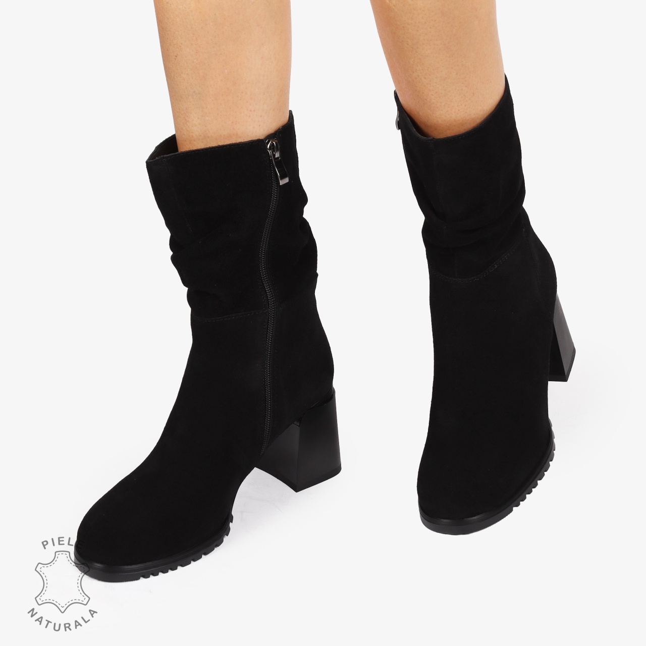 CIZME PIELE NATURALA INTOARSA cu toc Gros CRL1246 NEGRU