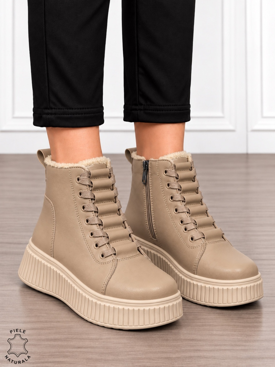 Ghete damă din piele naturală cu finisaj clasic CRL1904 KHAKI