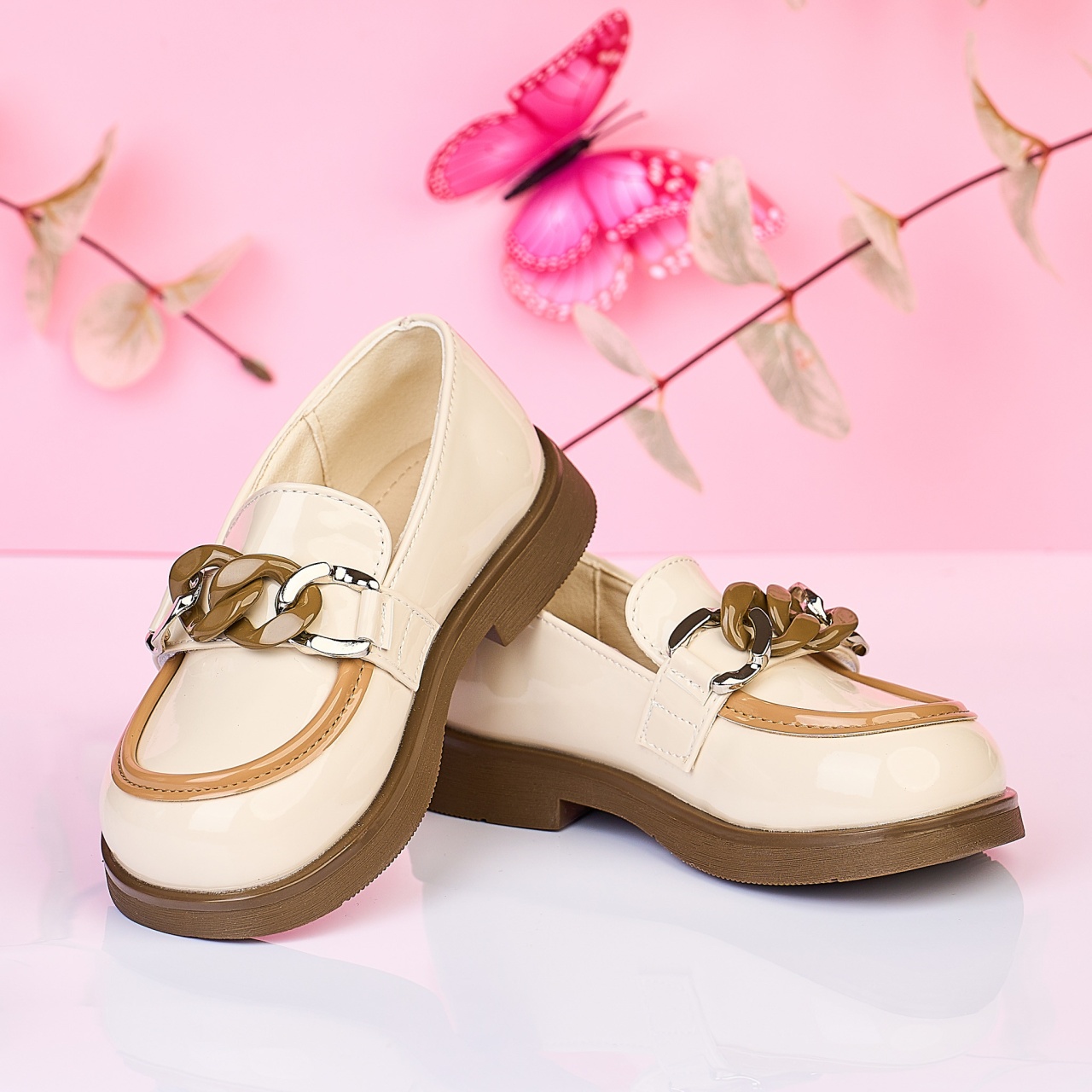 Mocasini copii din piele ecologica LACUITA cu CATARAMA TIP LANT AURIE CRL1476