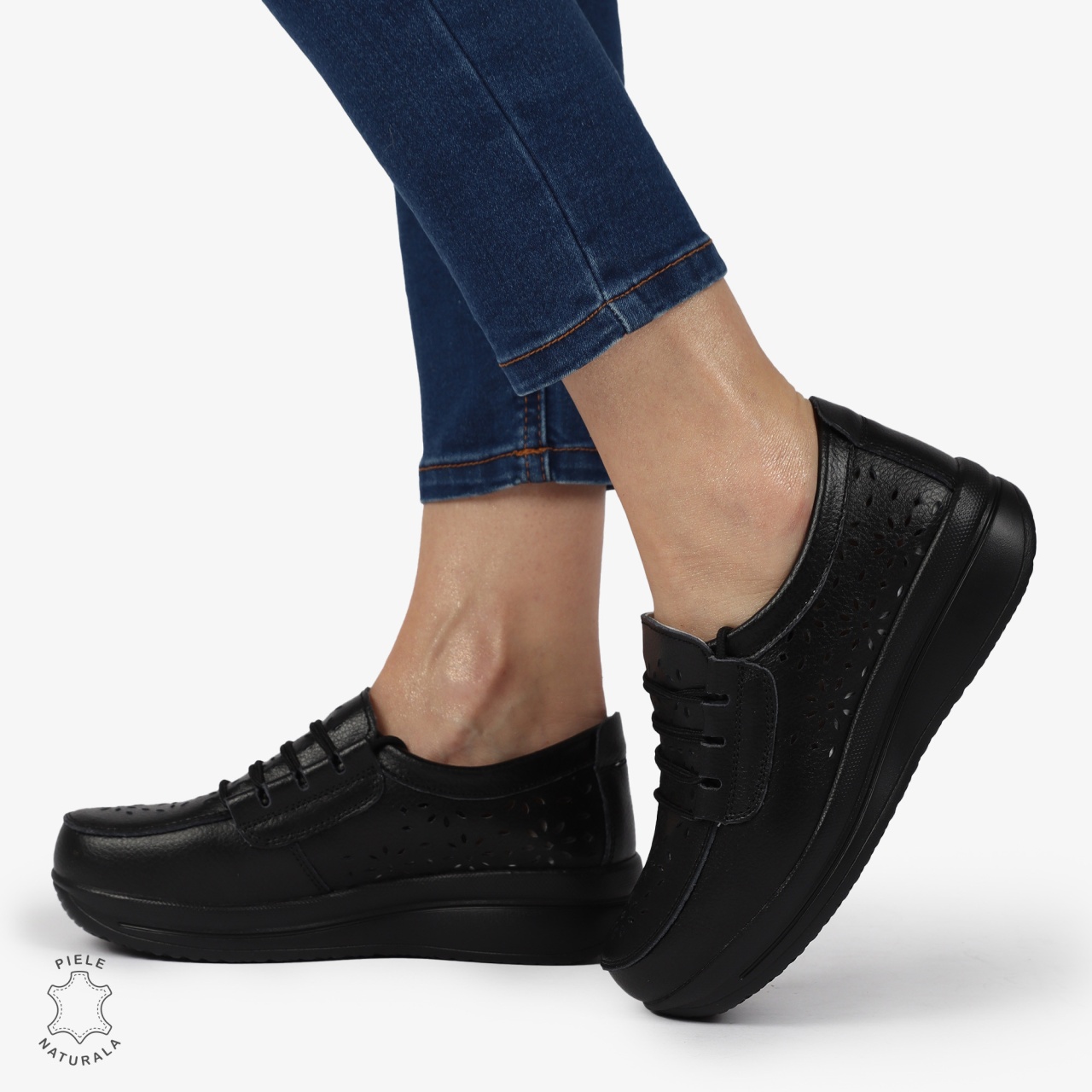 Mocasini dama din Piele Naturala Perforati CRL1364 NEGRU