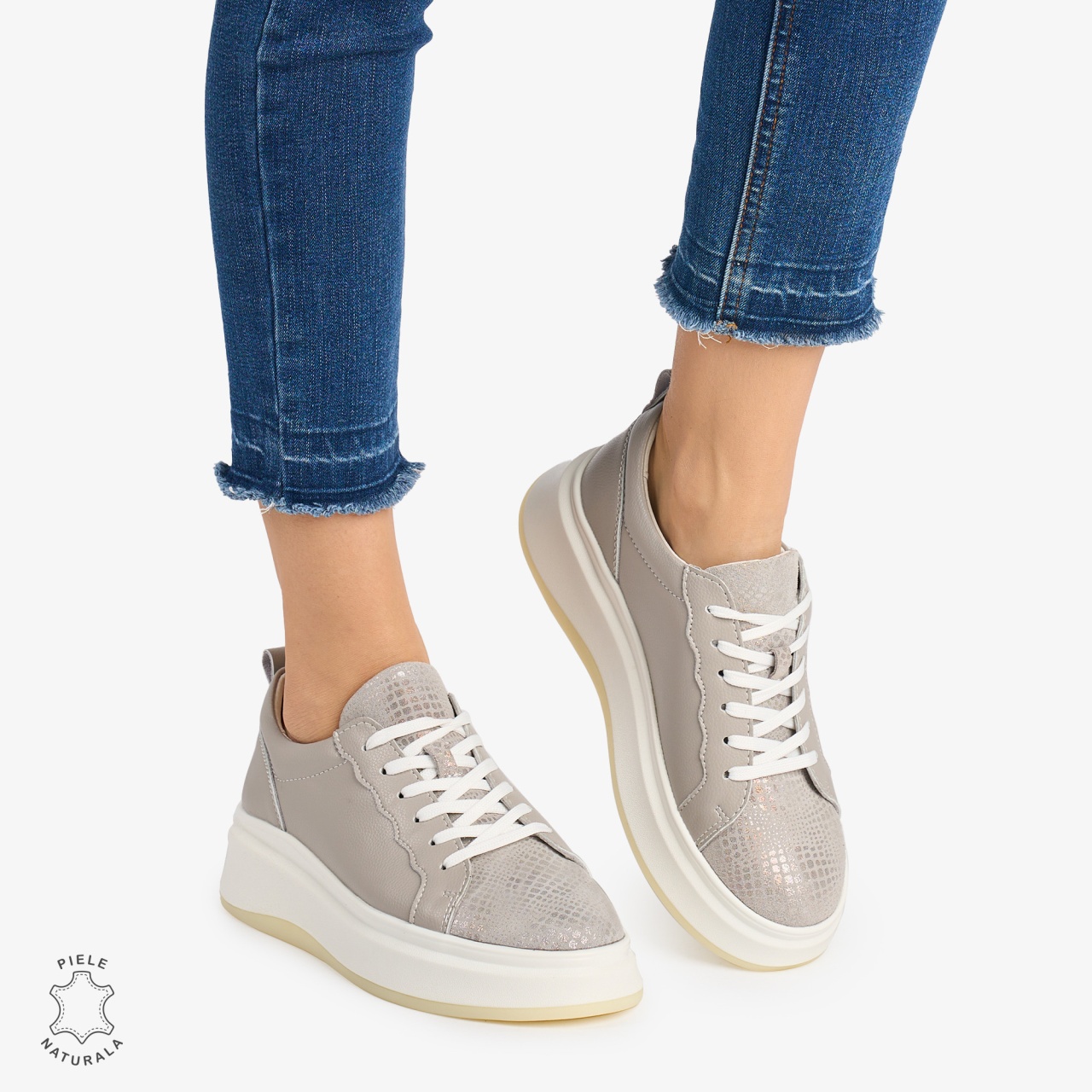 Pantofi Casual DAMA din PIELE Naturala CRL0947 CULOARE: GRI CU ARGINTIU