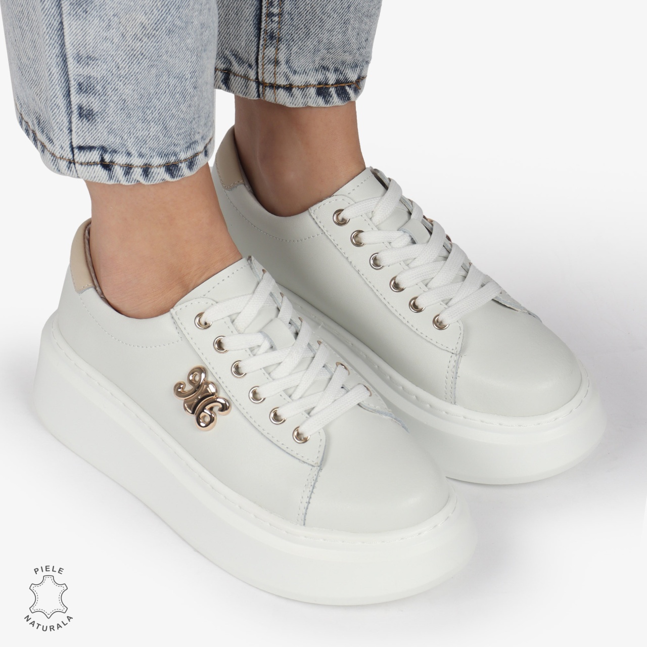 PANTOFI CASUAL dama din Piele naturala CU CATARAMA LATERALA SIRET CRL1347 ALB