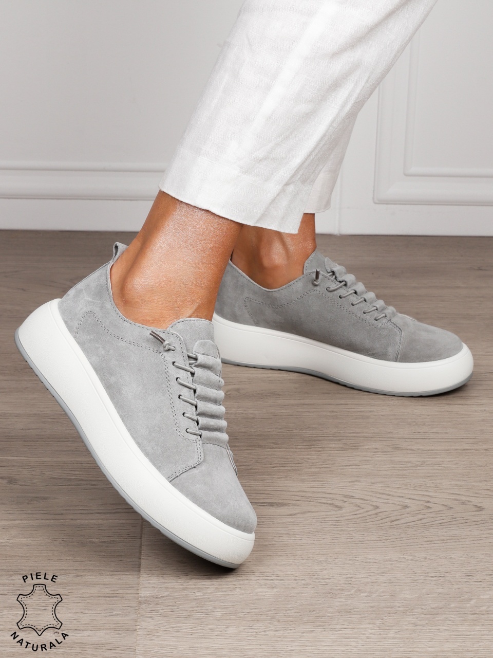 Pantofi Casual dama din Piele Naturala Intoarsa cu siret special CRL1550GRI