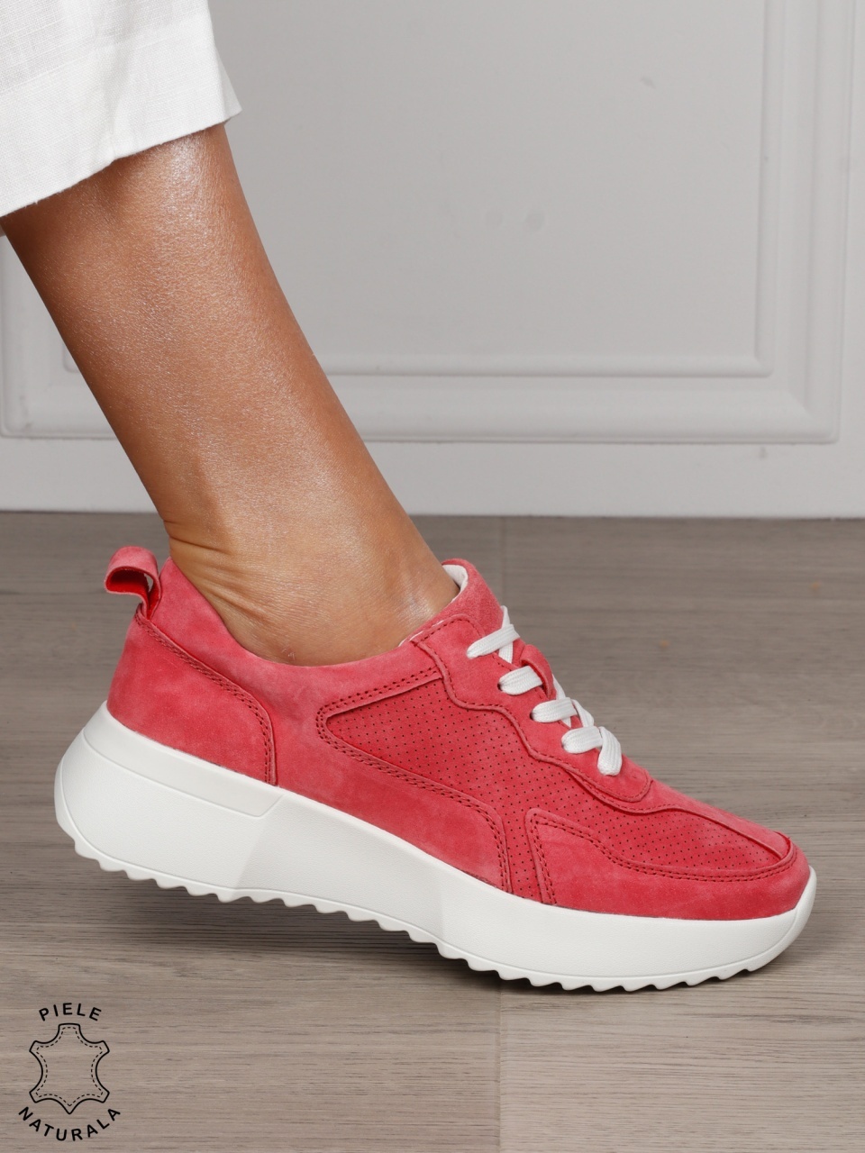 Pantofi Casual dama din Piele Naturala Intoarsa cu talpa inalta CRL1553 ROZ