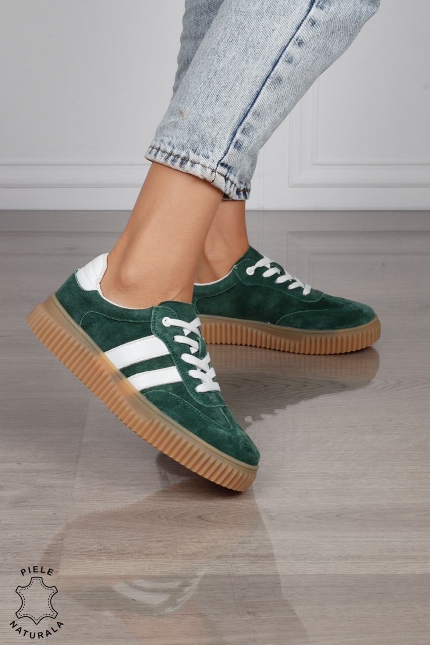 Pantofi Casual DAMA din Piele Naturala intoarsa, Model Retro CRL1531VERDE