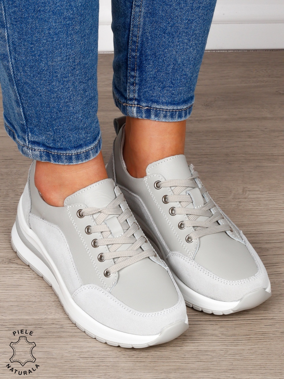 PANTOFI CASUAL Dama Piele Naturala cu siret CRL1593 GRI