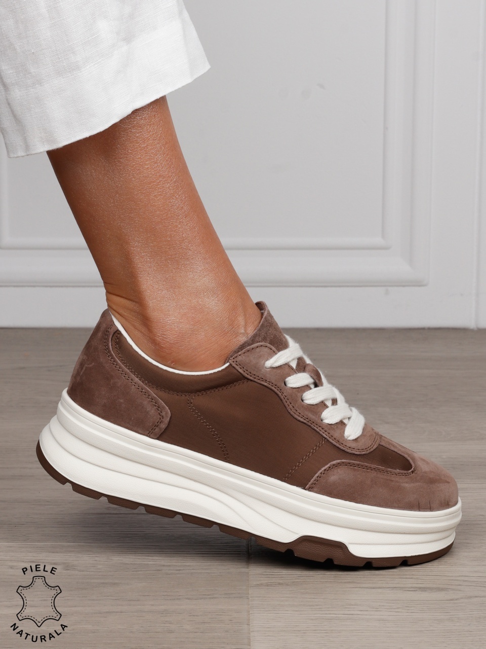 Pantofi Casual damă piele naturala intoarsa cu textil CRL1578 KHAKI