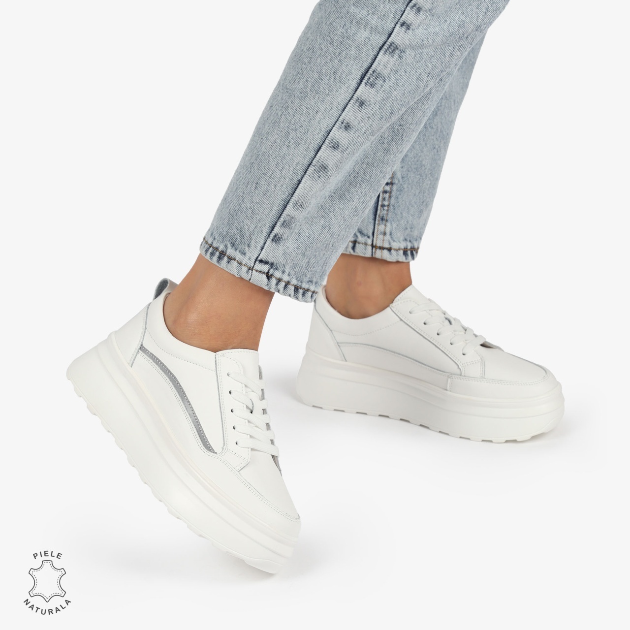 Pantofi CASUAL PIELE NATURALA dunga decorativa cu talpa inalta CRL1261 White