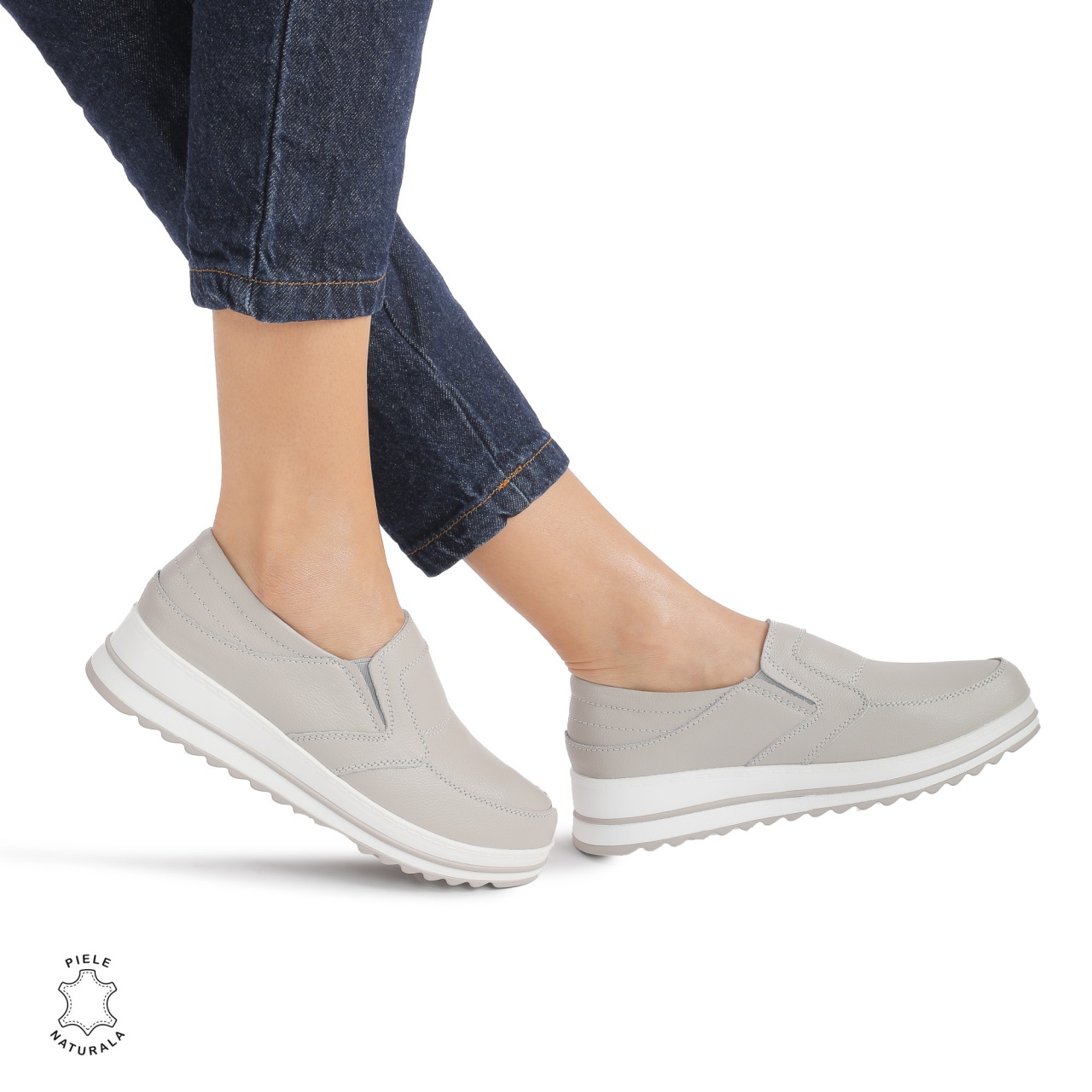 Pantofi dama casual piele naturala, Slip-On CRL878 GRI