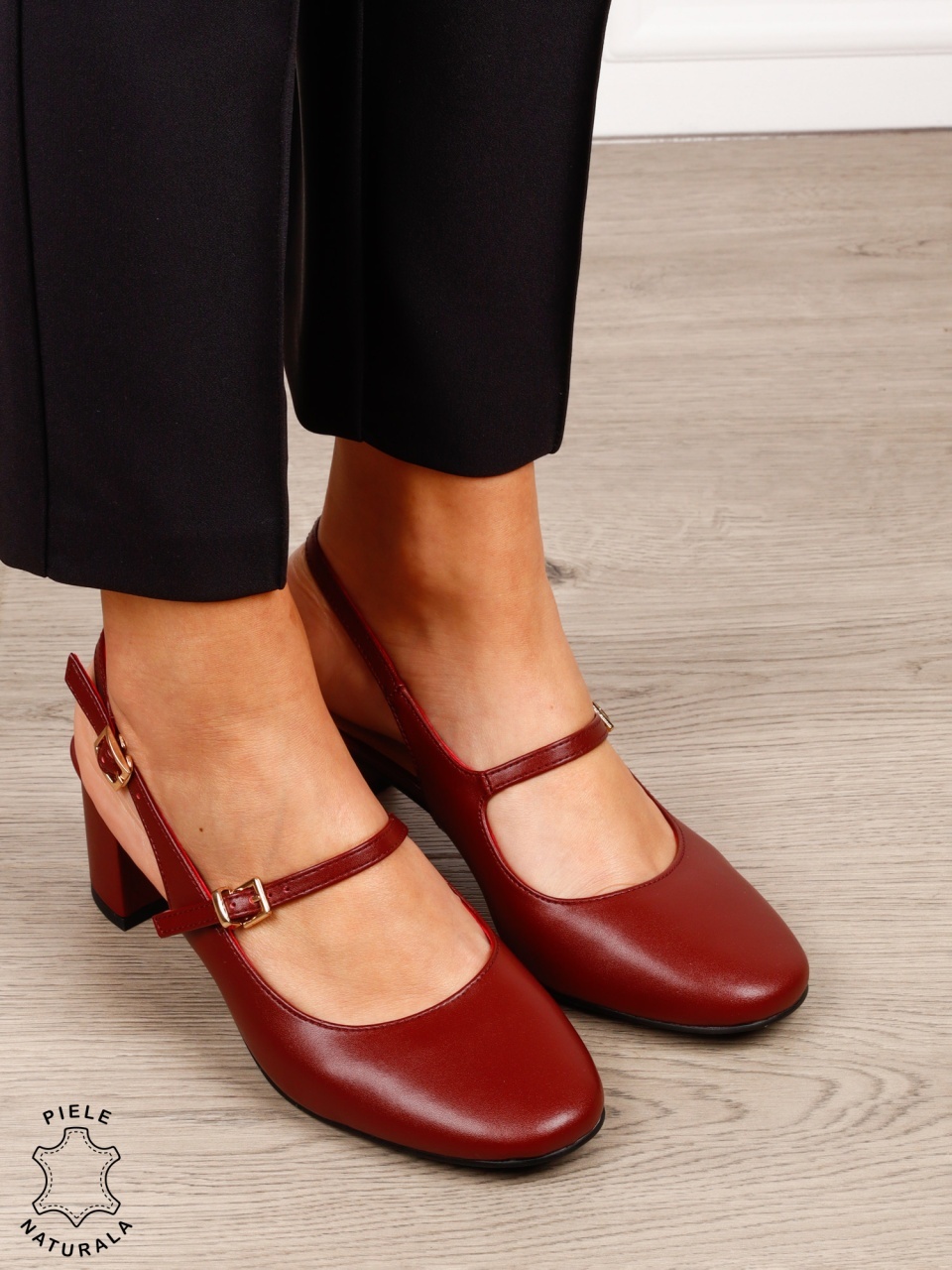 Pantofi dama eleganti cu toc gros si inchidere dubla CRL1608 BORDO