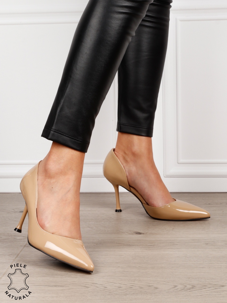 Pantofi dama eleganti din piele naturala Lacuita cu toc subtire clasic CRL1636 BEJ