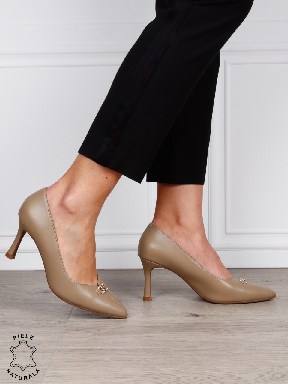 Pantofi Eleganti dama din piele naturala cu catarama CRL1577 KHAKI