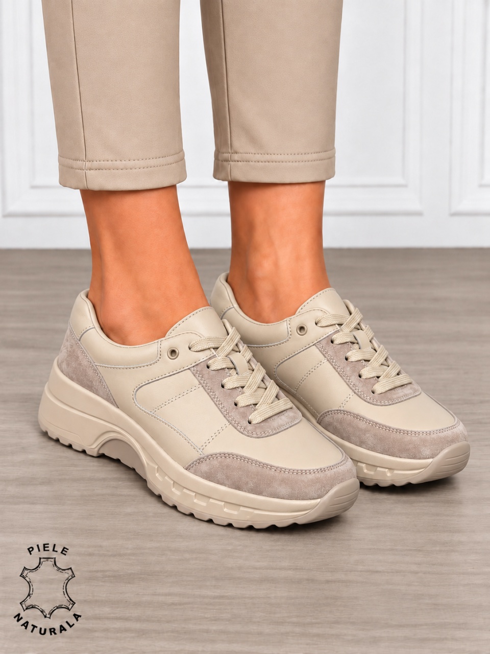 Pantofi sport damă din piele naturală și piele întoarsă cu design modern CRL1896 BEJ