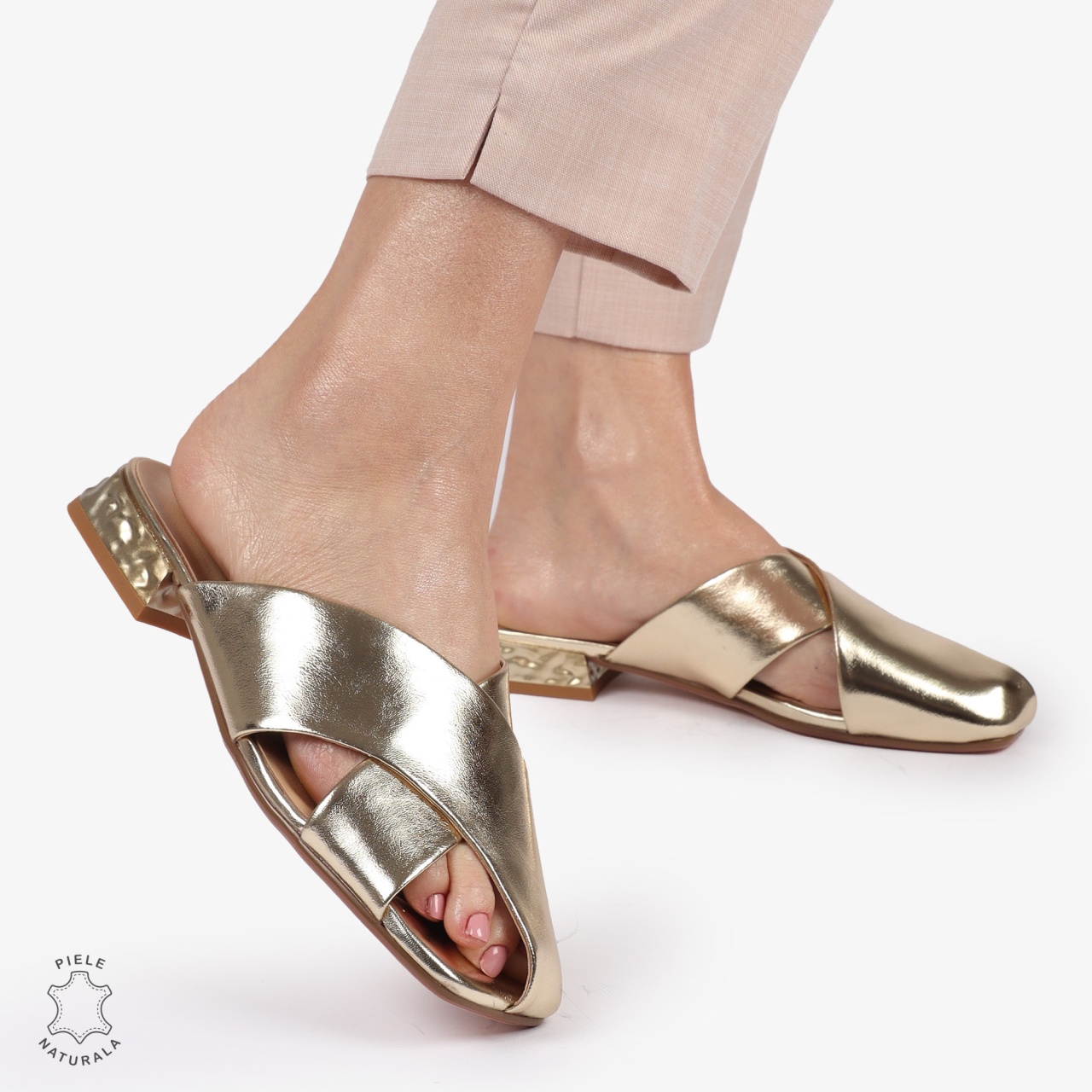 PAPUCI Dama Piele NaturalaCU MODEL PE TOC CRL1395 AURIU