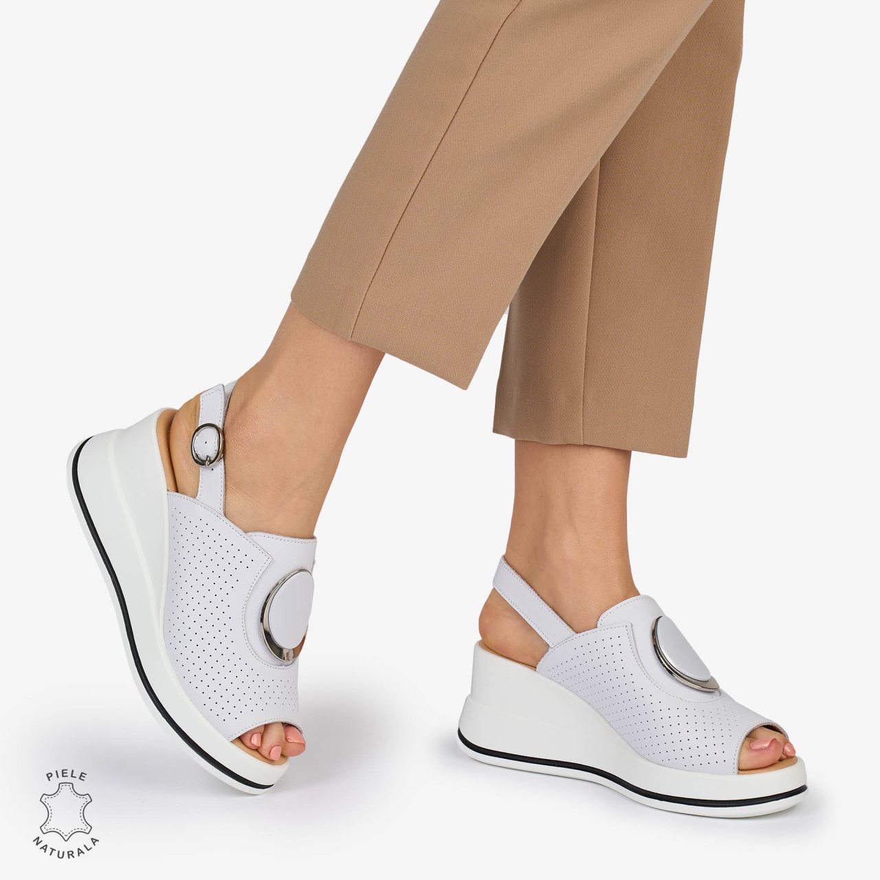 SANDALE Dama Piele Naturala CU TALPA INALTA SI ACCESORIU METALIC CRL1046 Culoare: ALB