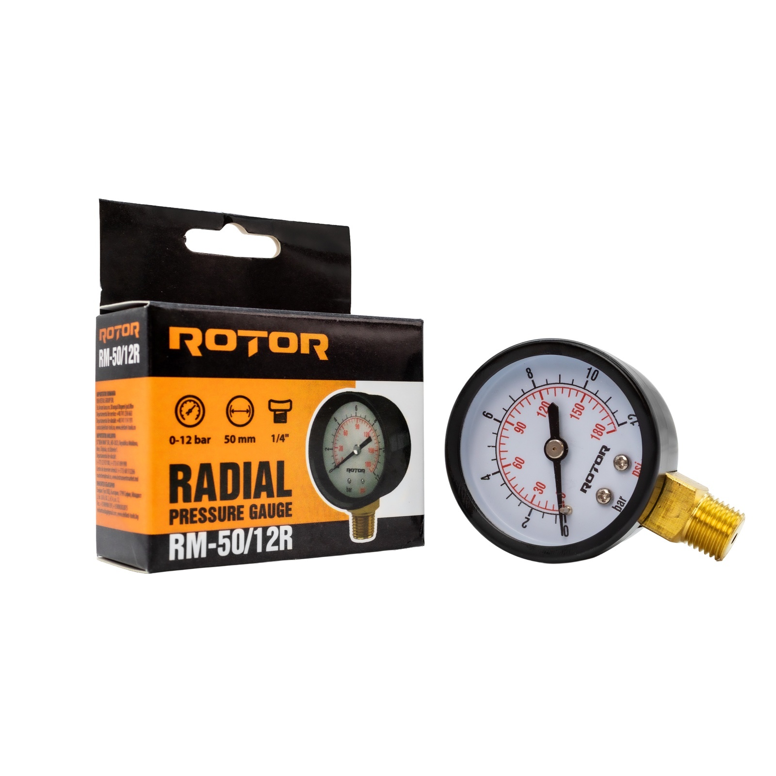 Piese și accesorii pentru pompe și aparate de stropit - RM-50/12R, Manometru radial apa 0-12 bar, 50 mm, conexiune 1/4", ROTOR