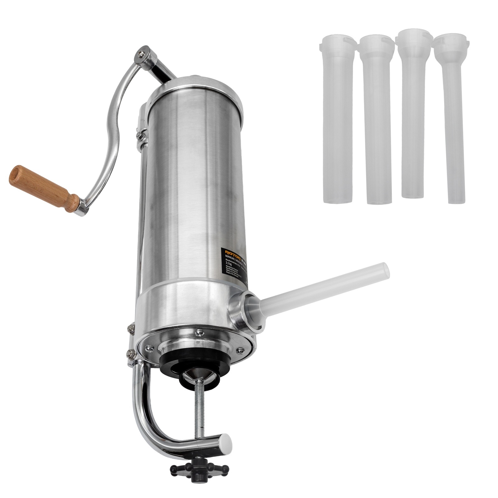 Aparate de umplut cârnați și accesorii - Aparat manual de facut carnati ROTOR RY-2006C, vertical, 3,5 kg, inox alimentar, 4 palnii, fixare pe masa cu clema
