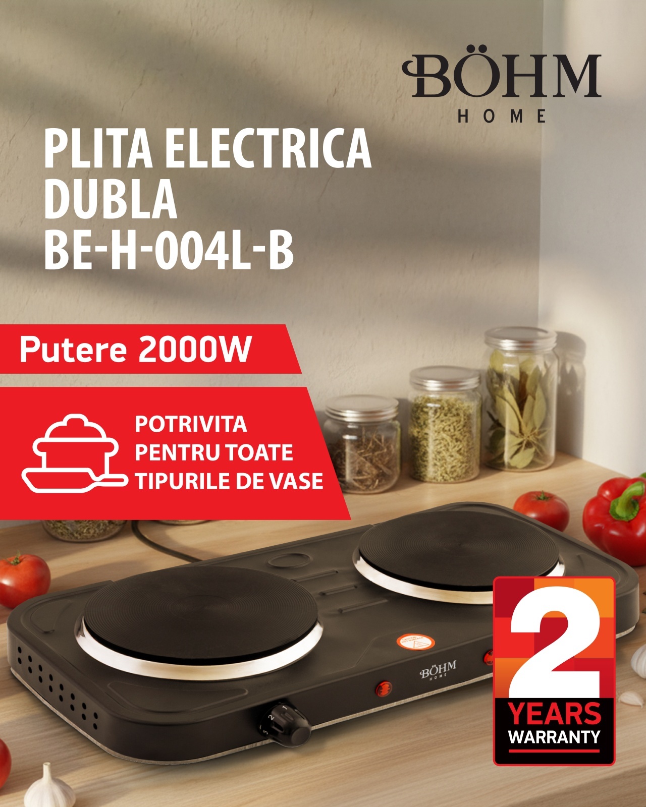 Plita cu doua arzatoare pe gaz si aprindere electrica BÖHM BG-M-002-B
