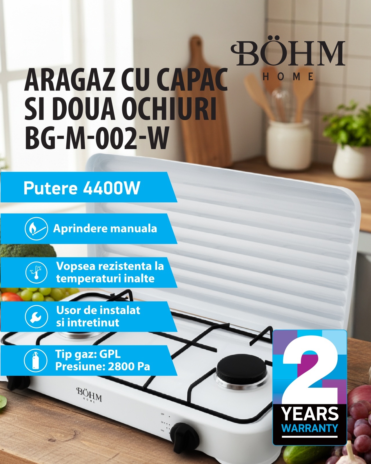 Plita cu doua arzatoare pe gaz si aprindere electrica BÖHM BG-M-002-W