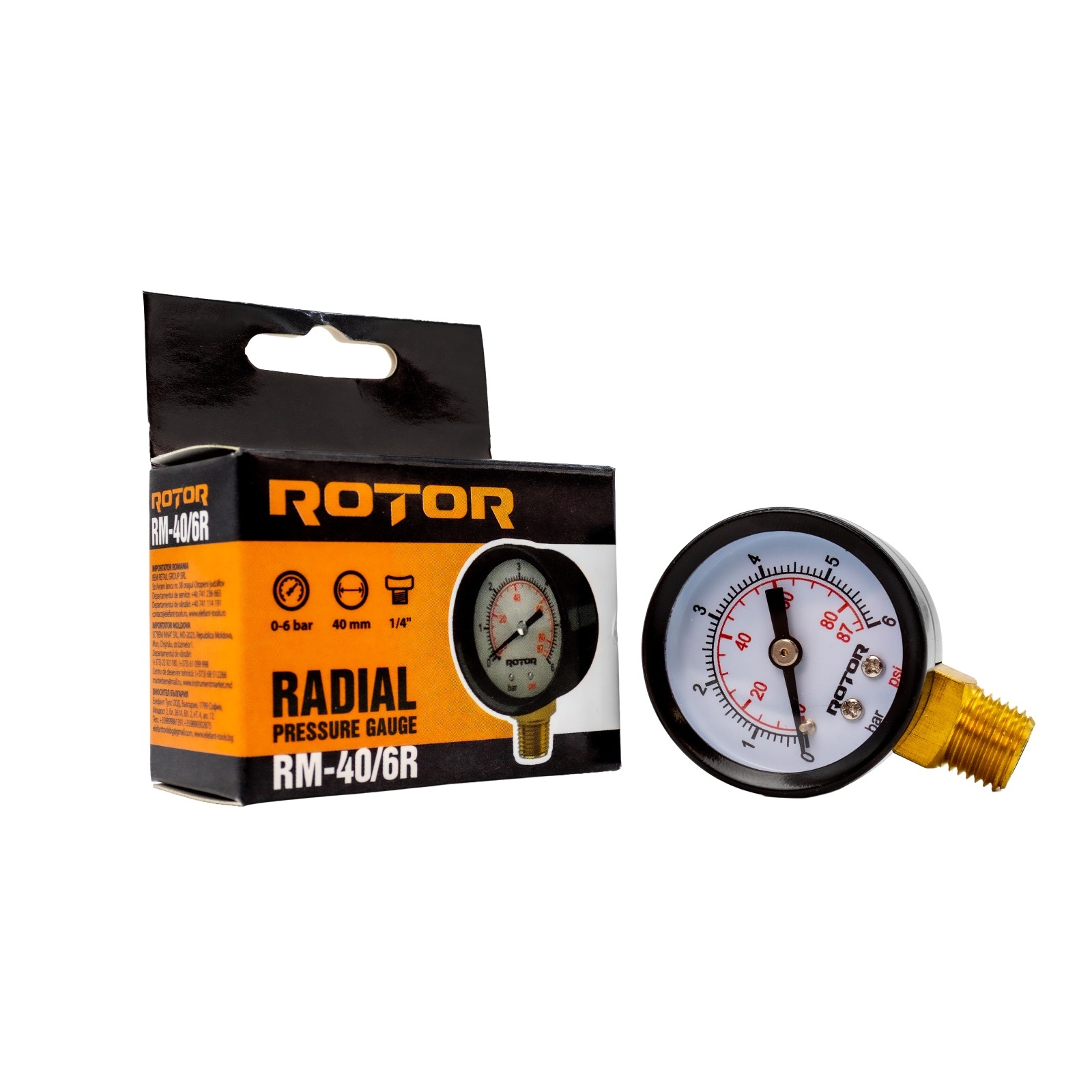 Piese și accesorii pentru pompe și aparate de stropit - RM-40/6R, Manometru radial, apa 0-6 bar, 40 mm, conexiune 1/4", ROTOR