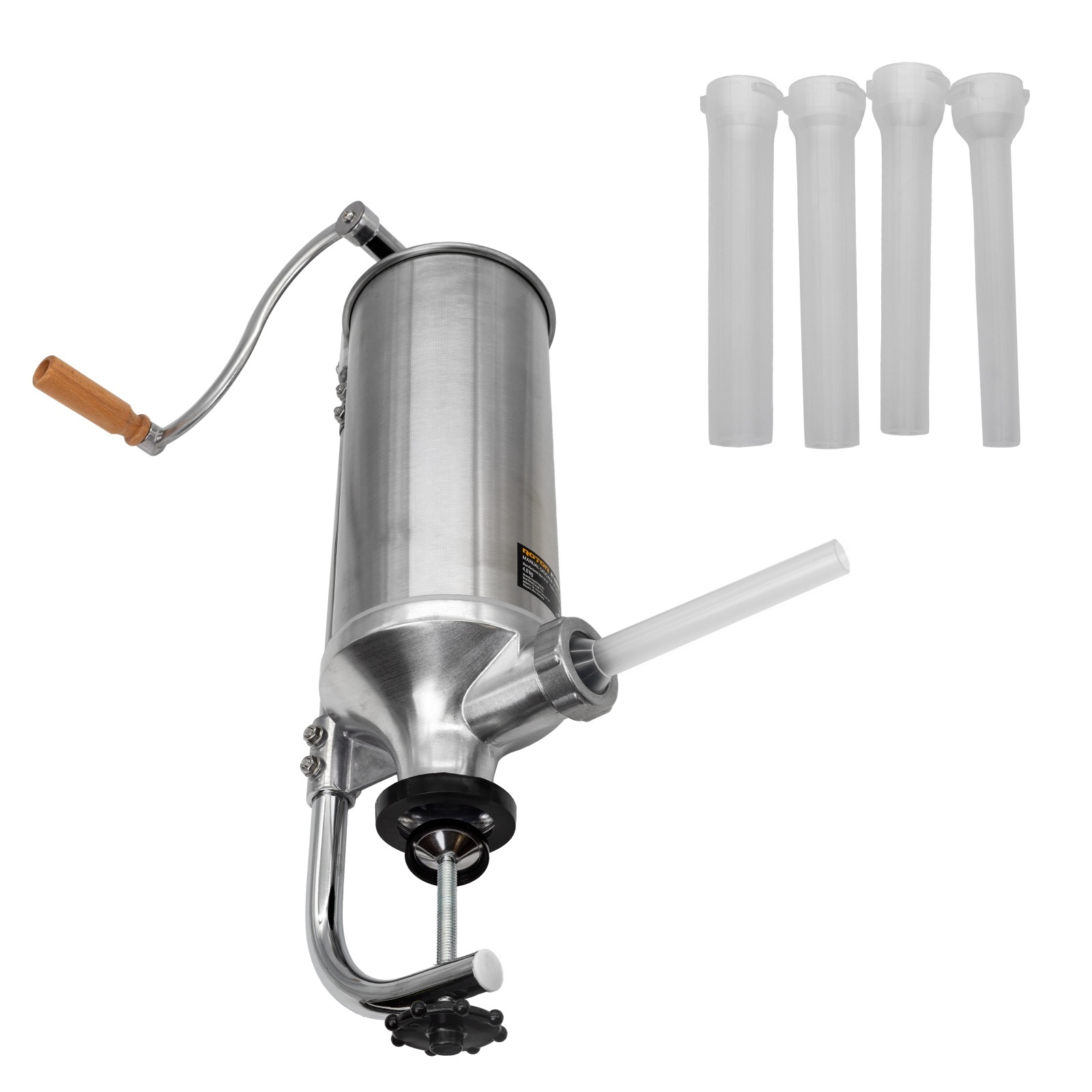 Aparate de umplut cârnați și accesorii - Aparat manual de facut carnati ROTOR RY-2008CB, vertical, 4 kg, inox alimentar, 4 palnii, fixare pe masa cu clema