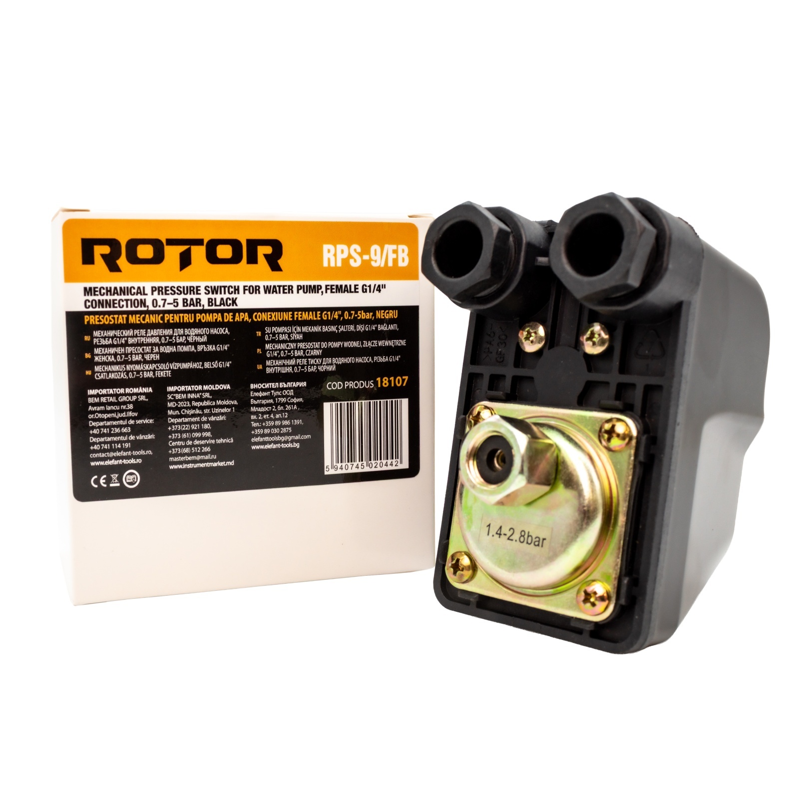 Piese și accesorii pentru pompe și aparate de stropit - Presostat mecanic pentru pompa de apa ROTOR RPS-9/FB , filet interior: G1/4", 0.7-5 bar