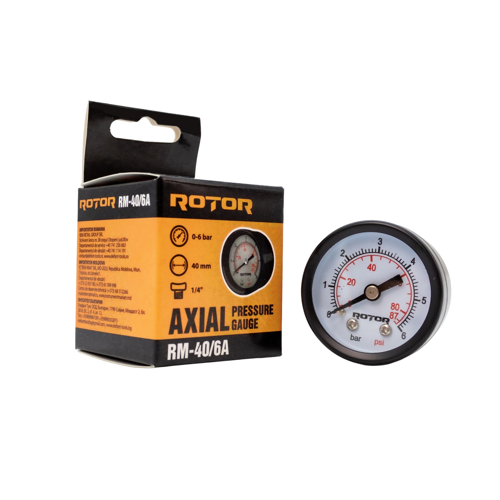 Piese și accesorii pentru pompe și aparate de stropit - RM-40/6A, Manometru axial apa 0-6 bar, 40 mm, conexiune 1/4", ROTOR